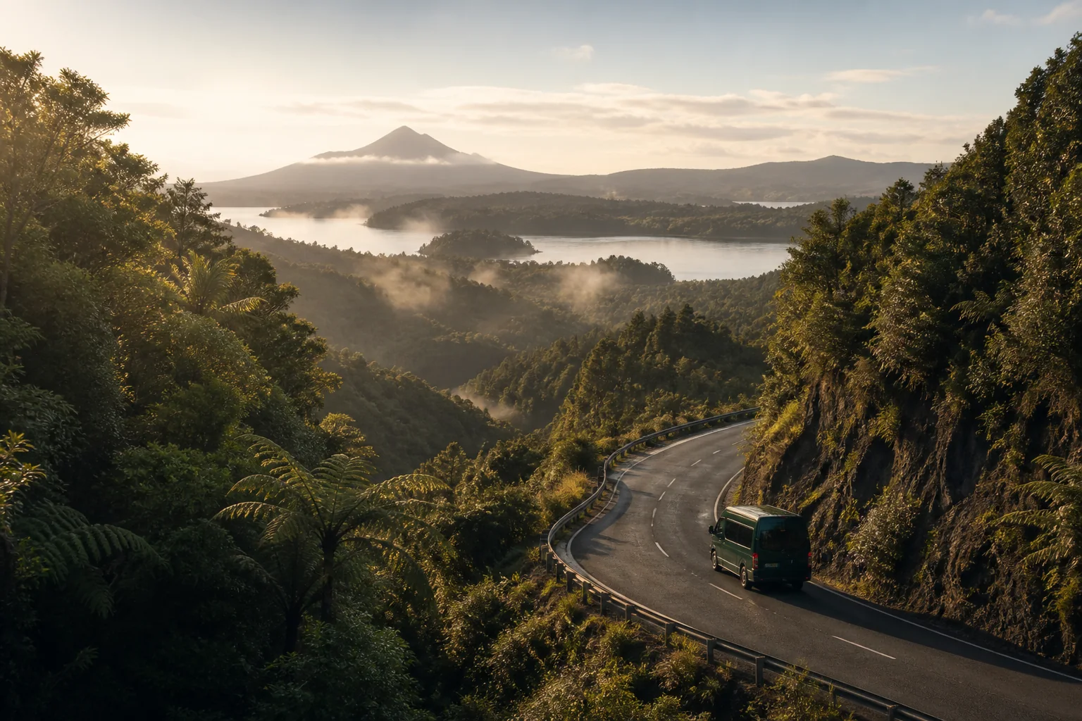 Private van travelling through native North Island bush beside a lake
